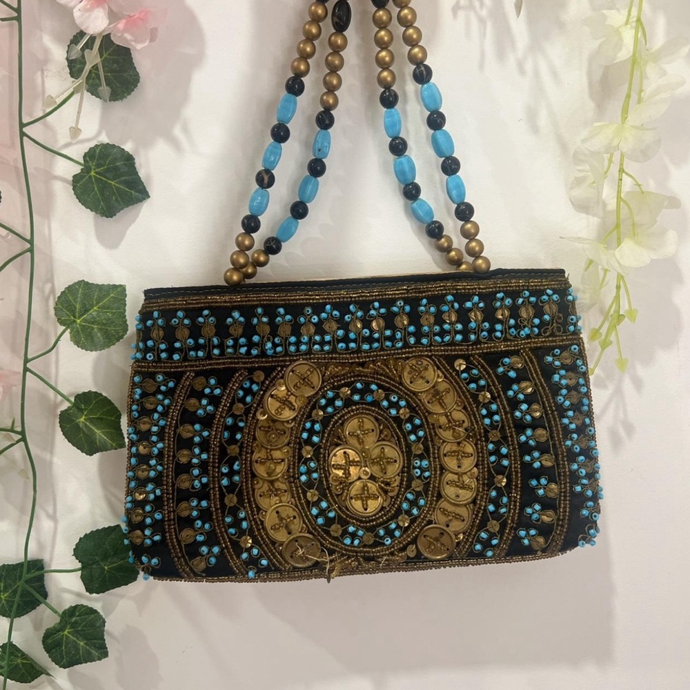 Vintage blue black gold beaded Boho purse shoulder bag